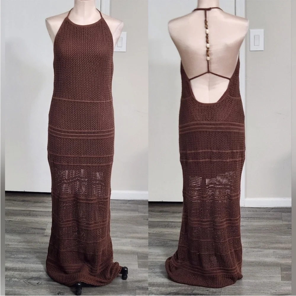 Abercrombie and Fitch brown beaded crochet maxi dress seashell beach NWT boho
